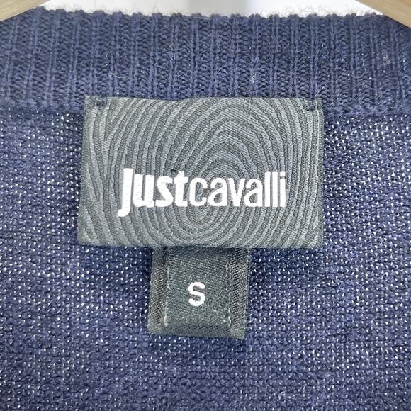 JUST CAVALLI Italy Patterned Crew Neck Sweater Pullover Navy Blue Red Size S - Picture 3 of 8